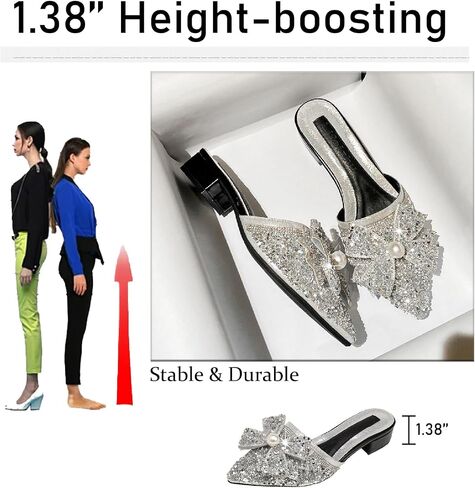 Women's Pearl Rhinestone Bow Low Heels Mules Glitter Pointed Toe Comfortable Block Heel Backless Slip on Clogs Sandals for Party Date Wedding Fashion Dress Slides in Saudi Arabia