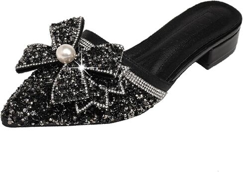 Women's Pearl Rhinestone Bow Low Heels Mules Glitter Pointed Toe Comfortable Block Heel Backless Slip on Clogs Sandals for Party Date Wedding Fashion Dress Slides in Saudi Arabia