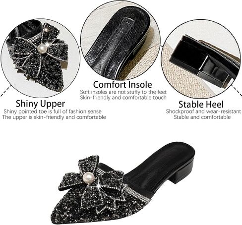 Women's Pearl Rhinestone Bow Low Heels Mules Glitter Pointed Toe Comfortable Block Heel Backless Slip on Clogs Sandals for Party Date Wedding Fashion Dress Slides in Saudi Arabia