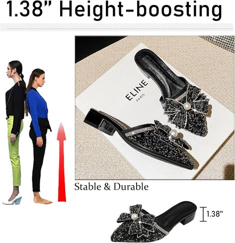 Women's Pearl Rhinestone Bow Low Heels Mules Glitter Pointed Toe Comfortable Block Heel Backless Slip on Clogs Sandals for Party Date Wedding Fashion Dress Slides in Saudi Arabia