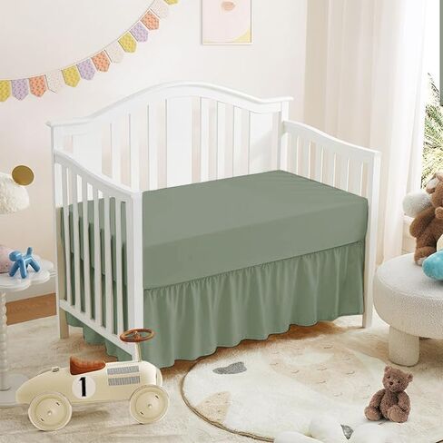 Mini Crib Ruffle Bed Skirt (24" x 38") with 10" Inch Drop Dust Ruffle for Baby Boys or Girls Nursery Crib Toddler Bed Skirt Microfiber Fabric - Sage Solid in Saudi Arabia