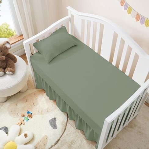 Mini Crib Ruffle Bed Skirt (24" x 38") with 10" Inch Drop Dust Ruffle for Baby Boys or Girls Nursery Crib Toddler Bed Skirt Microfiber Fabric - Sage Solid in Saudi Arabia
