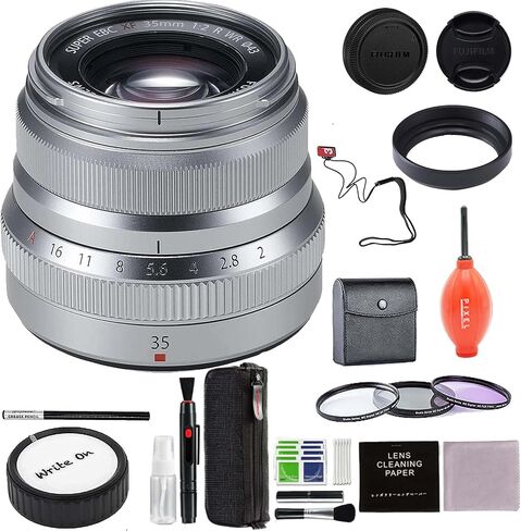 Fujifilm XF 35mm f/2 R WR Lens (Silver) Bundle with 43mm 3PC Filter Kit + Lens Cap + Cap Leash + More Accessories | Fuji XF35mmf2 Lens in Saudi Arabia