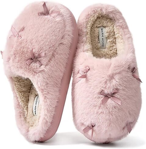 ADAX Fuzzy Slippers for Women Cozy Plush House Shoes with Memory Foam,Winter Warm Faux Fur Lining & Bow Accent Slippers with Non Slip Outsole for Indoor Outdoor Use in Saudi Arabia