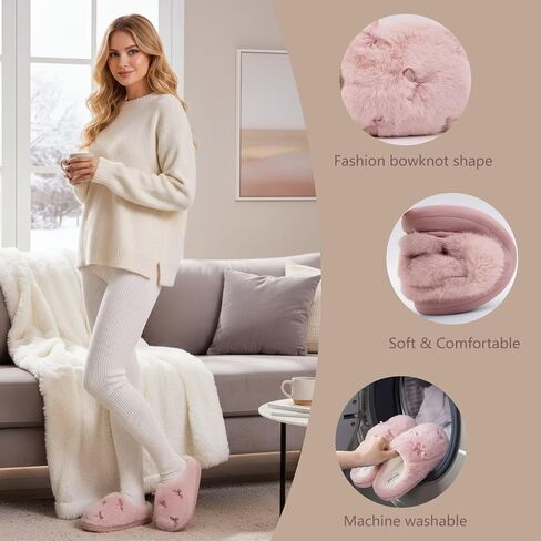 ADAX Fuzzy Slippers for Women Cozy Plush House Shoes with Memory Foam,Winter Warm Faux Fur Lining & Bow Accent Slippers with Non Slip Outsole for Indoor Outdoor Use in Saudi Arabia