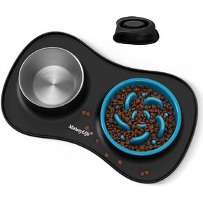 Mateeylife Dog Food and Water Bowl 3 في 1 ، أوعية الكلب بطيئة تغذية وعاء ماء من الفولاذ المقاوم للصدأ مع حصيرة السيليكون غير الممتدة والقطط والجرو الأطباق للحيوانات الأليفة لسلالة صغيرة متوسطة مضادة للالتزام in Kuwait