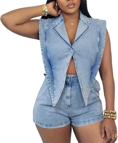 Mandonce Denim Jumpsuit For Women Cap Sleeve V Neck Button Down Crop Split Elastic High Waist Jeans Shorts For Women Romper in Kuwait