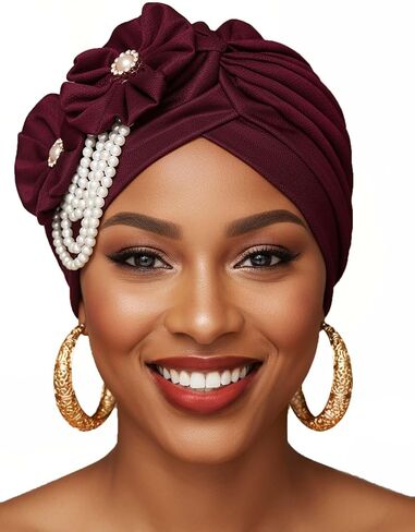 Woeoe Pearl Turban Caps Black Pre-Tied Head Wraps Stretchy Church Party African Headdress for Women in Saudi Arabia