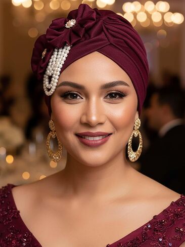 Woeoe Pearl Turban Caps Black Pre-Tied Head Wraps Stretchy Church Party African Headdress for Women in Saudi Arabia