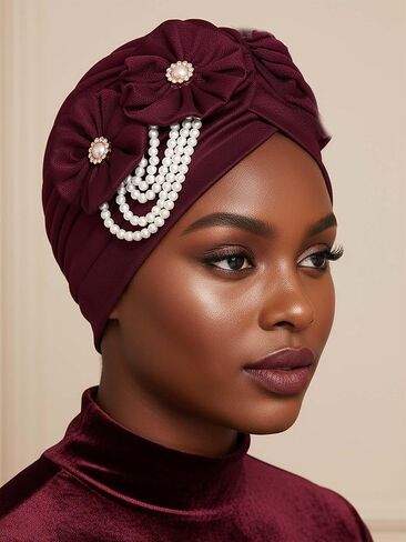 Woeoe Pearl Turban Caps Black Pre-Tied Head Wraps Stretchy Church Party African Headdress for Women in Saudi Arabia