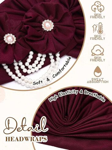 Woeoe Pearl Turban Caps Black Pre-Tied Head Wraps Stretchy Church Party African Headdress for Women in Saudi Arabia