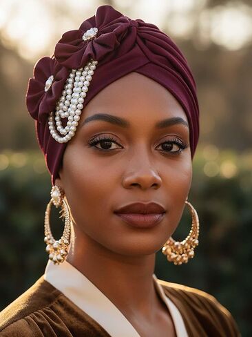 Woeoe Pearl Turban Caps Black Pre-Tied Head Wraps Stretchy Church Party African Headdress for Women in Saudi Arabia