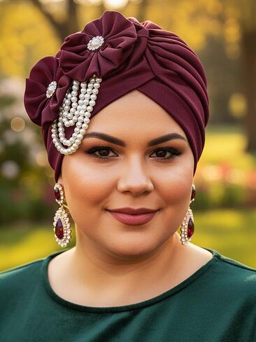 Woeoe Pearl Turban Caps Black Pre-Tied Head Wraps Stretchy Church Party African Headdress for Women in Saudi Arabia