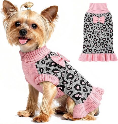 Woyyho Dog Sweater Sweater Dress للكلاب الصغيرة فتاة مع Bowtie turtleneck الكلاب سروال الكلاب مع ثقب مقود دافئ جرو السترة حيوانات أليف كلاب الشتاء ملابس الشتاء تشيهواهوا (م ، كاكي فستان ليوبارد) in Kuwait