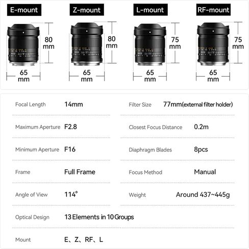TTARTISAN 14 مم F2.8 للتركيب على شكل حرف L، عدسة ذات إطار كامل بزاوية واسعة للغاية وفتحة كبيرة لكاميرات التركيب على شكل حرف L in Saudi Arabia
