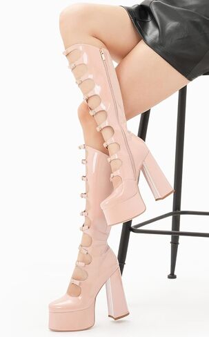 Z.Oufeier Women's Gothic Lolita High Chunky Block Heel Platform Knee High Boots Buckle Strap Patent Leather Heeled Long Boots Wide Calf in Kuwait