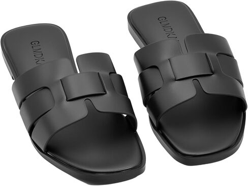Women's Flat Sandals, Ladies Leather Cross Strap Slide Slippers, Comfy Dressy Slip on Shoes Elegant Summer Fall Spring Cute Open Toe Casual Footwear in Saudi Arabia
