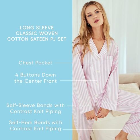 رأس السرير PJS Womens Long Sleeve Notch Notch و Pants Clease Sleepwear Pajama ، القطن العضوي in Kuwait