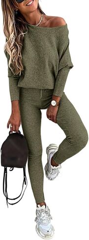 CHICME 2 Piece Lounge Outfit Long Sleeve Knit Pullover Tops Drawstring Pants Set Tracksuit Sweatsuit in Kuwait