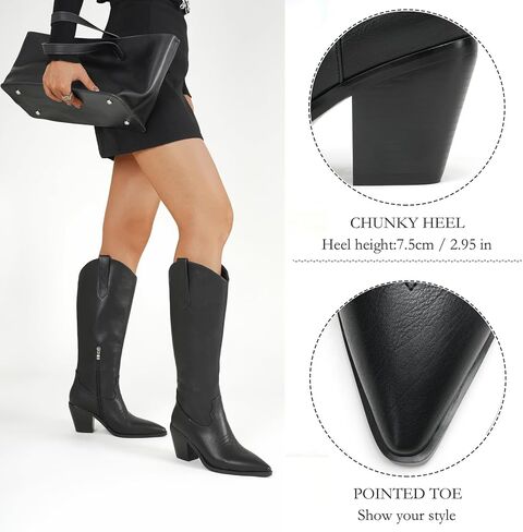 Cozivwaiy نساء الركبة High Cowboy Boots Burgundy Western Cowgirl Boot طويل القامة سحاب جانب الكعب مكتنزة in Kuwait