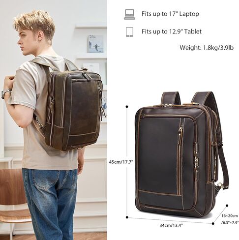 LANNSYNE Vintage Genuine Leather Backpack For Men, 2 in 1 Expandable Briefcase Fits 17'' Laptop Crossbody shoulder Bag Business/Travel Rucksack in Saudi Arabia