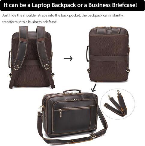 LANNSYNE Vintage Genuine Leather Backpack For Men, 2 in 1 Expandable Briefcase Fits 17'' Laptop Crossbody shoulder Bag Business/Travel Rucksack in Saudi Arabia