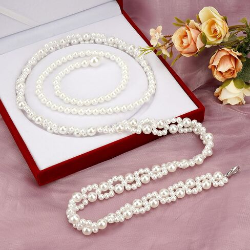 Plus Size Chain Belt for Women, White Pearl Stretchable Extra Long Body Chain, 41 Inch Max Flexible Adjustment Fashion Jewelry Accessory in Saudi Arabia