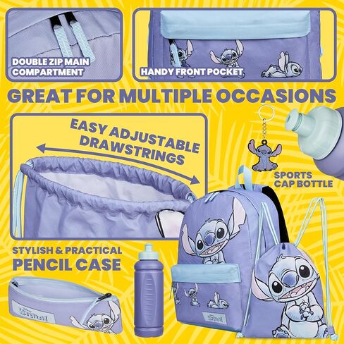 مجموعة أكياس مدرسة ديزني غرزة ، 5 قطع مع حقيبة ظهر ، كيس الرباط ، حقيبة قلم رصاص ، زجاجة ماء وسلسلة المفاتيح - هدايا غرزة in Kuwait