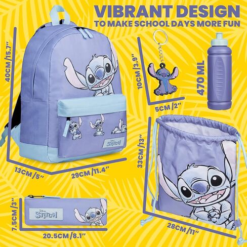 مجموعة أكياس مدرسة ديزني غرزة ، 5 قطع مع حقيبة ظهر ، كيس الرباط ، حقيبة قلم رصاص ، زجاجة ماء وسلسلة المفاتيح - هدايا غرزة in Kuwait