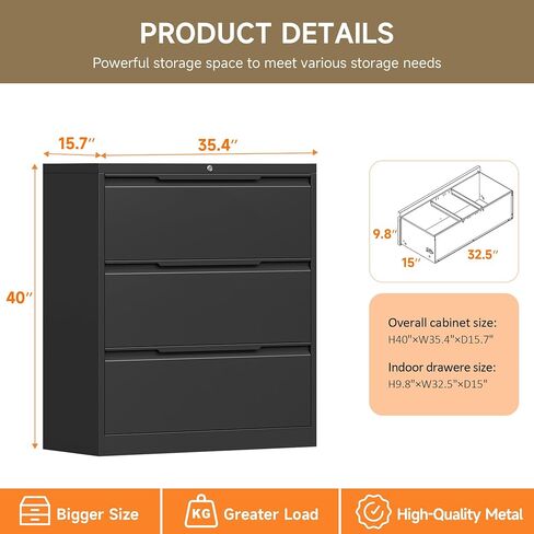 Lateral File Cabinet, 3 Drawer Lateral File Cabinet with Lock, Lockable Metal File Cabinet for Home Office, File Cabinet for Letter/Legal/F4/A4 Size (Black, 3 Drawer) in Saudi Arabia