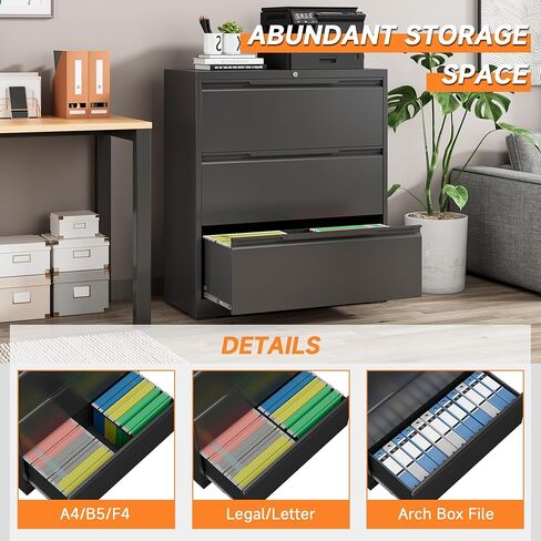 Lateral File Cabinet, 3 Drawer Lateral File Cabinet with Lock, Lockable Metal File Cabinet for Home Office, File Cabinet for Letter/Legal/F4/A4 Size (Black, 3 Drawer) in Saudi Arabia