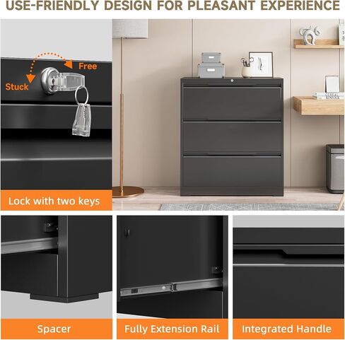 Lateral File Cabinet, 3 Drawer Lateral File Cabinet with Lock, Lockable Metal File Cabinet for Home Office, File Cabinet for Letter/Legal/F4/A4 Size (Black, 3 Drawer) in Saudi Arabia