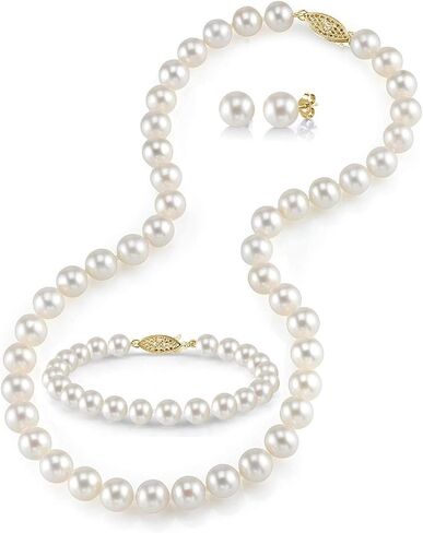 The Pearl Source 14K Gold 6.5-7mm Round White Akoya Cultured Pearl Necklace, Bracelet & Earrings Set in 18" Princess Length for Women in Saudi Arabia
