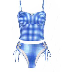 seamoly Gingham Cinched Back Bow Decor Tie Side Tankini Set in Saudi Arabia