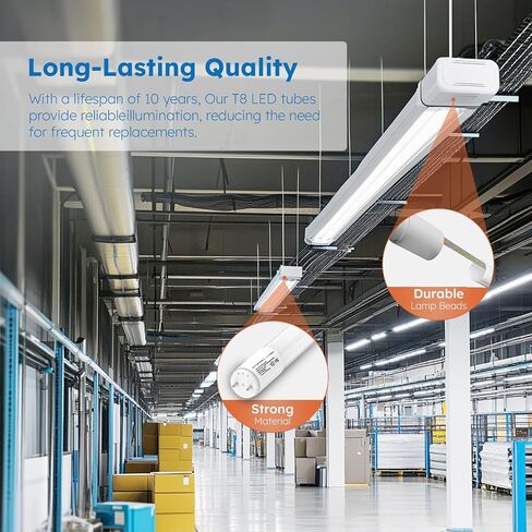 10-Pack T8 LED Tube Lights 4ft, 48 Inch Fluorescent Replacement Bulbs 2850 Lumens, 6000K Daylight White Light, Hybrid Type A+B Single/Double Ended, Clear Lens, ETL Certified in Kuwait