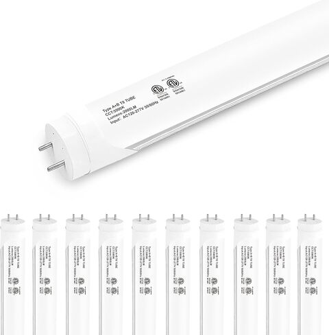 10-Pack T8 LED Tube Lights 4ft, 48 Inch Fluorescent Replacement Bulbs 2850 Lumens, 6000K Daylight White Light, Hybrid Type A+B Single/Double Ended, Clear Lens, ETL Certified in Kuwait