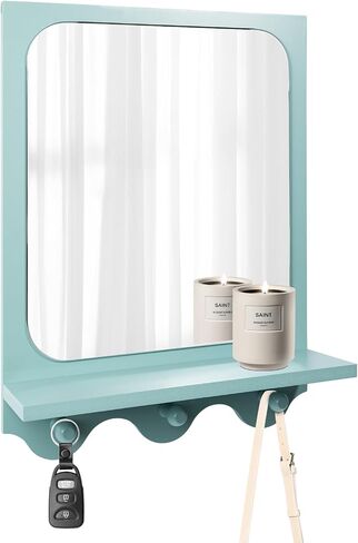 Snazzify 16x12 Inch Wall-Mounted Mirror with Shelf and Hooks, White Decorative Entryway Mirror with Storage for Hallway, Bathroom, or Bedroom - 4in Shelf Width, White in Saudi Arabia
