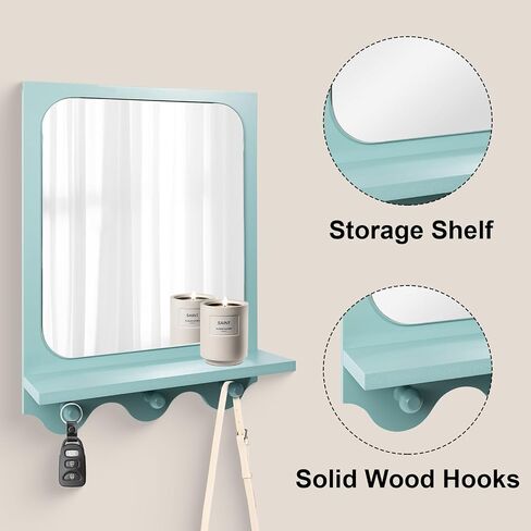 Snazzify 16x12 Inch Wall-Mounted Mirror with Shelf and Hooks, White Decorative Entryway Mirror with Storage for Hallway, Bathroom, or Bedroom - 4in Shelf Width, White in Saudi Arabia