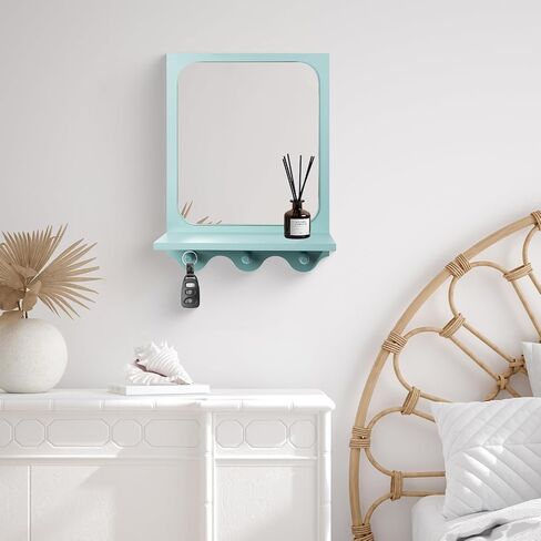 Snazzify 16x12 Inch Wall-Mounted Mirror with Shelf and Hooks, White Decorative Entryway Mirror with Storage for Hallway, Bathroom, or Bedroom - 4in Shelf Width, White in Saudi Arabia
