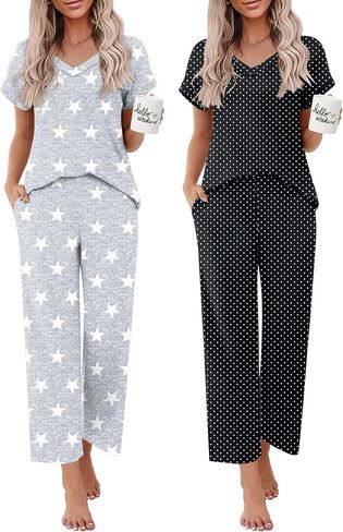 Ekouaer 2 Pack Pajamas for Women Short Sleeve V Neck Pj 2 Piece Lounge Sets S-XXL in Saudi Arabia