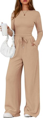 Prettygarden Women's 2 قطعة صالة مجموعات 2025 Fall Fashion Long Sleeve Crop Top Wide Leg Lusts مجموعات الملابس in Saudi Arabia