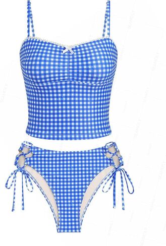 seamoly Gingham Cinched Back Bow Decor Tie Side Tankini Set in Saudi Arabia