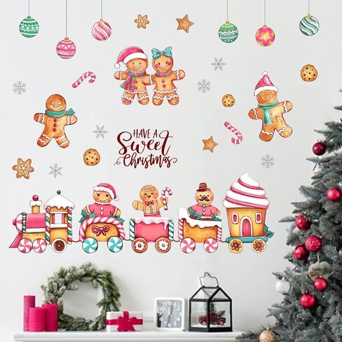 Mfault Have A Sweet Christmas Gingerbread Man Train ملصقات الحائط الشارات، الوردي عيد الميلاد كوكي ندفة الثلج زينة غرفة النوم الفن، كرات عطلة الشتاء النعناع حلوى قصب ديكور المنزل المطبخ in Kuwait