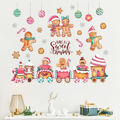 Mfault Have A Sweet Christmas Gingerbread Man Train ملصقات الحائط الشارات، الوردي عيد الميلاد كوكي ندفة الثلج زينة غرفة النوم الفن، كرات عطلة الشتاء النعناع حلوى قصب ديكور المنزل المطبخ in Kuwait