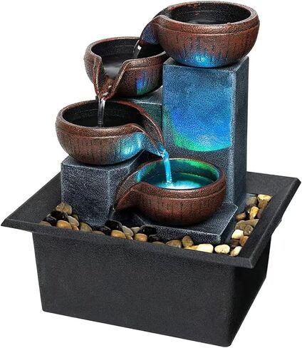 Small Indoor Tabletop Fountain with LED Lights, Relaxing Desk Waterfall Fountain with Natural River Rocks, Decorative Indoor Water Feature for Home Office in Kuwait