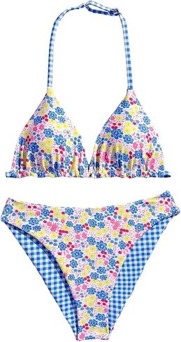 RoseSeek Girl's 2 Piece Swimsuits Floral Gingham Halter Triangle Wireless Bikini Bathing Suit in Saudi Arabia