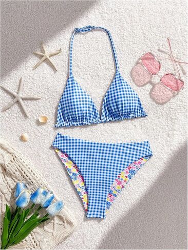 RoseSeek Girl's 2 Piece Swimsuits Floral Gingham Halter Triangle Wireless Bikini Bathing Suit in Saudi Arabia