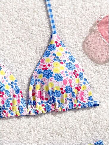 RoseSeek Girl's 2 Piece Swimsuits Floral Gingham Halter Triangle Wireless Bikini Bathing Suit in Saudi Arabia