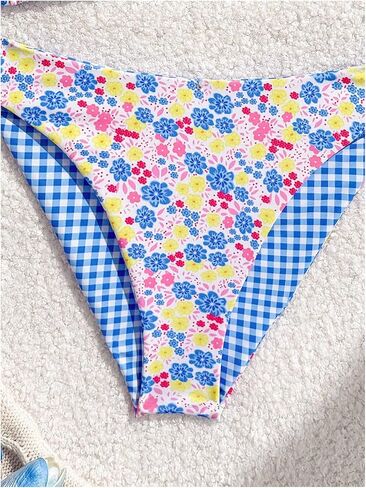 RoseSeek Girl's 2 Piece Swimsuits Floral Gingham Halter Triangle Wireless Bikini Bathing Suit in Saudi Arabia