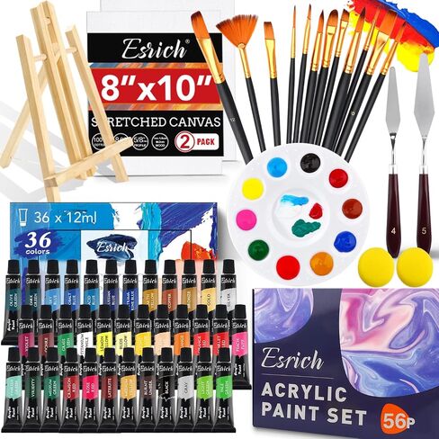 Esrich 40pcs مجموعة الطلاء الاكريليك ، مجموعة لوازم الطلاء الفنية مع 24 قطعة ، لوحين من القماش ، 10 فرش ، طاولة المعادن الحامل ، مجموعة الطلاء المتميز للطلاب والفنانين والمبتدئين in Saudi Arabia